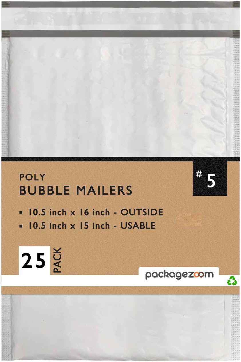 PackageZoom 25 Pcs Poly Bubble Mailers 10.5x16 Padded Envelopes #5 Shipping Envelopes 2.5 Mil