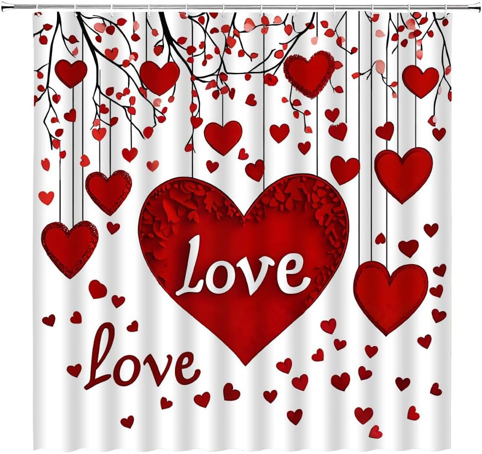 Happy Valentine's Shower Curtain Red Heart Tree Love Romantic Sweetheart Lover Couple Wedding Woman Girls Fabric Bathroom Decor Curtains with Hooks,70 x 90