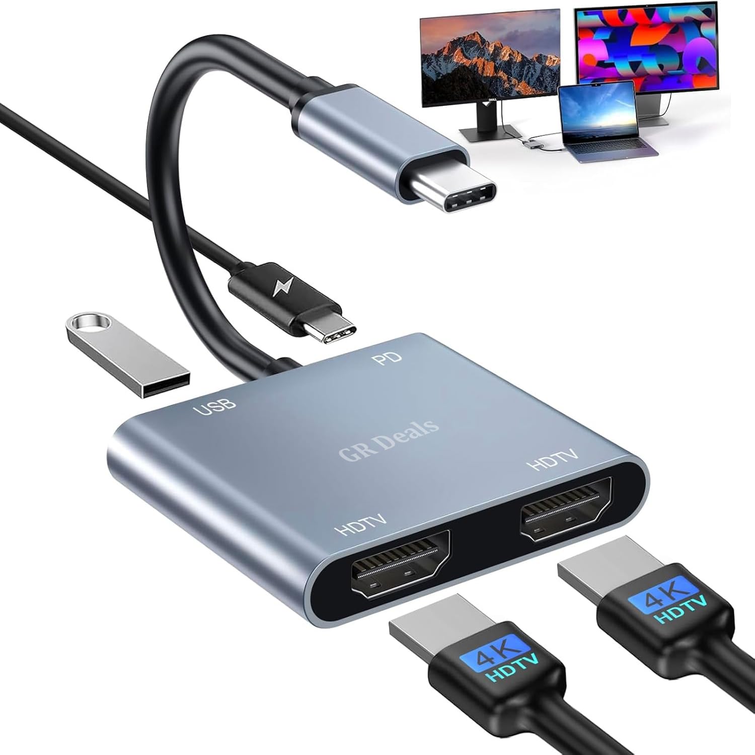 GR Deals USB C to Dual HDMI Adapter, 4 in 1 USB C Hub to HDTV with 2 HDMI, Dual 4K HDTV, USB-A, Laptop Monitor Support USBC to HDTV Splitter Extended Display for typeC Device. (Grey).-image-9