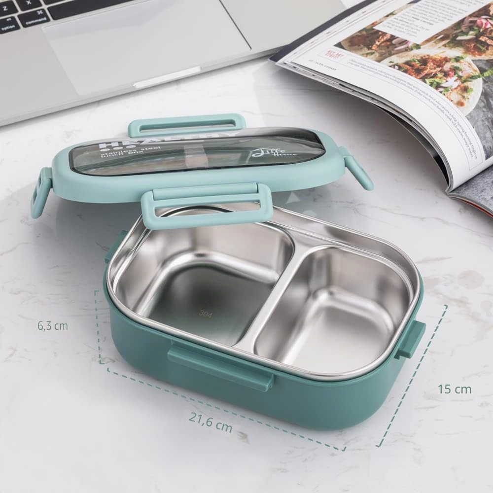 Lille Home 850ML en acier inoxydable Fuite à 2 compartiments Bento Boîte à lunch/Portion Control Continer Food avec sac à lunch et couverts, BPA gratuit (Verde)