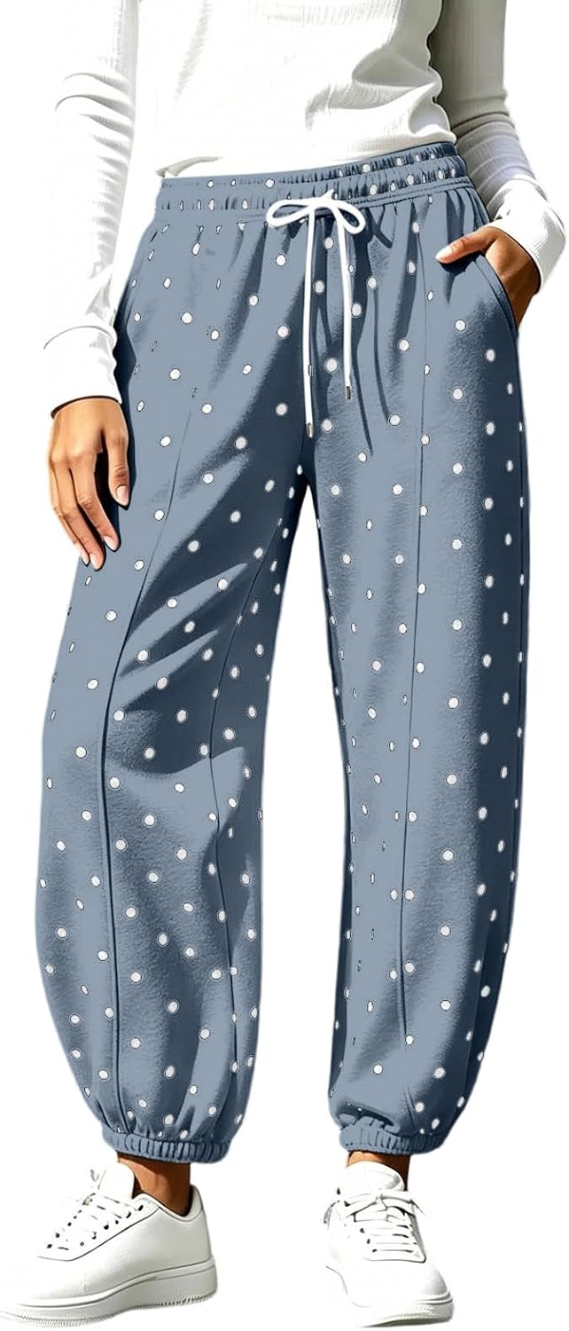 Women's Polka Dot Pants Drawstring High Elastic Waist Sweatpants