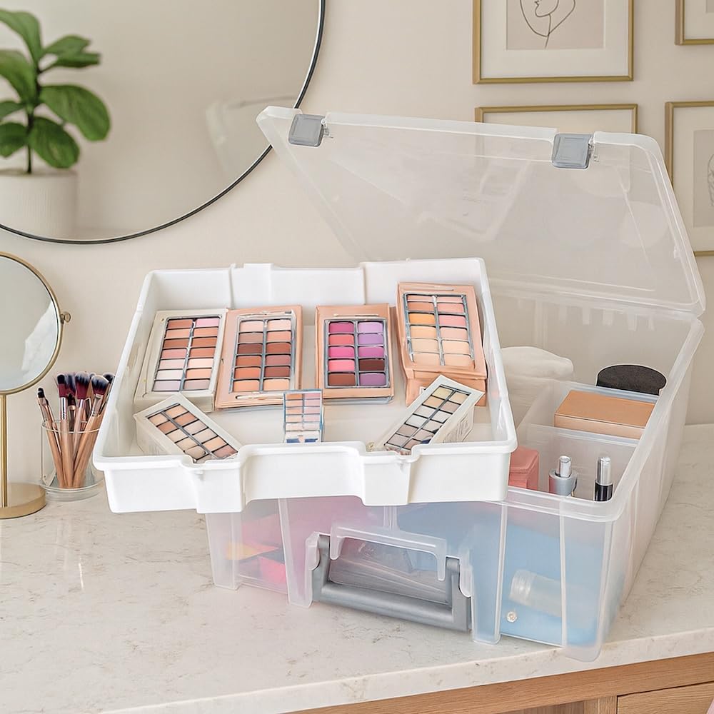 Best Kept Super Satchel Double Deep with Lift-Out Tray and Removable Dividers, Stackable Home Storage Organization Container, Clear with Sliver Latches and Handle Lift-Out Tray & 8 Lower Removable Dividers