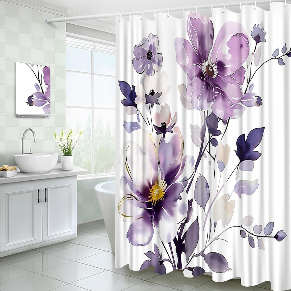 Purple Floral Shower Curtain Watercolor Flowers Botanical Spring Minimalist Women Girls Fabric Bathroom Decor Curtains with Hooks, 70" Wx84 H
