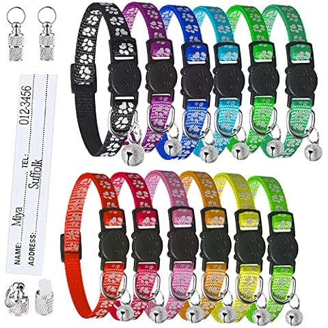 Katzenhalsband,Katzenhalsband mit Namen Adress, Katzenhalsband mit Sicherheitsverschluss und Glöckchen,Reflektierend Halsband Katze Verstellbar (12 Stück+2 ID Tag) Cover