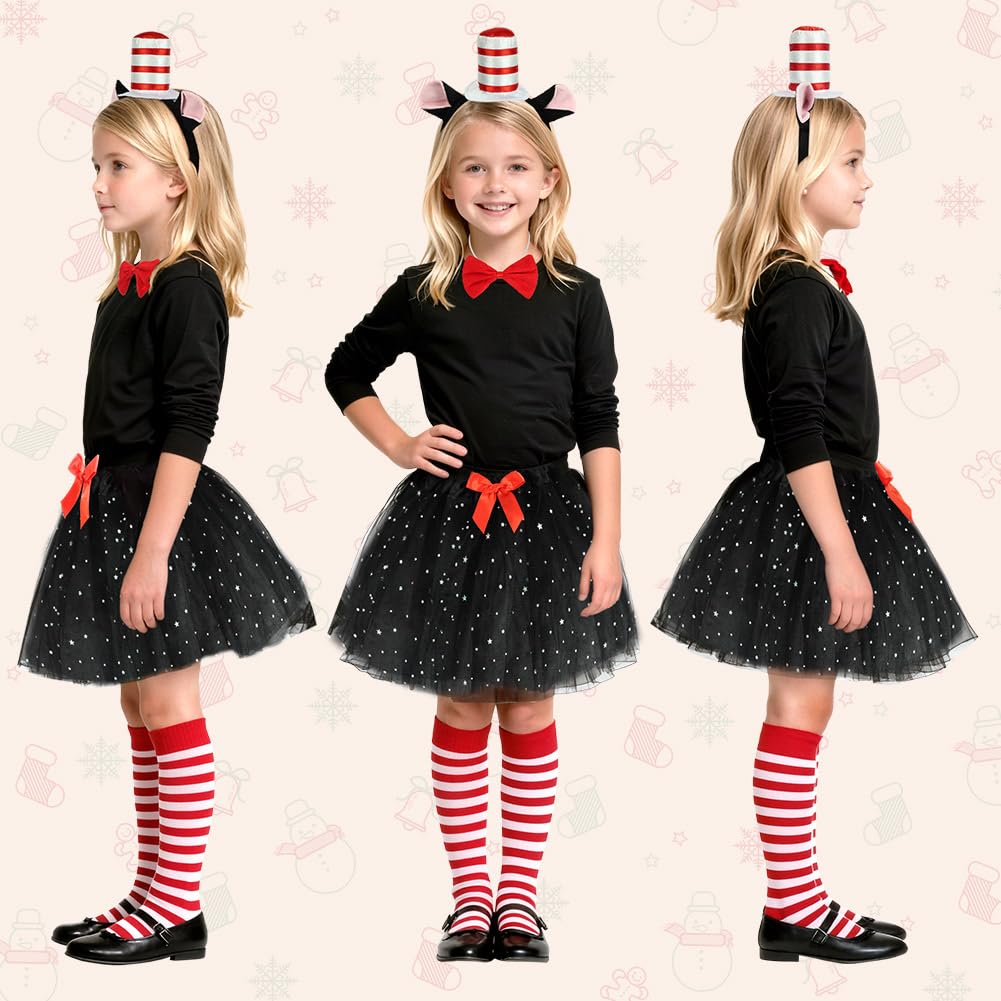 AUYAO Child Halloween Crazy Cat Fancy Dress Costume 6 Pcs Set including Cat Headband Red Bow Tie Black Skirt Red White Striped Socks Tattoo Patch Black Tail World Book Day Cat in the Hat Accessory - Image 4