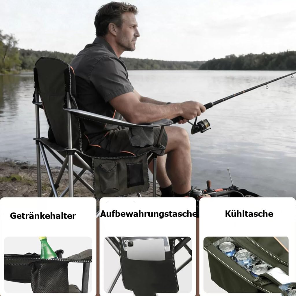Campingstuhl Faltbar mit Dicker Polsterung, Klappstuhl Camping Stuhl mit Getränkehalter & Seitentasche, Stabiler Fischerstuhl für Garten Picknick Festival, inklusive Tragetasche