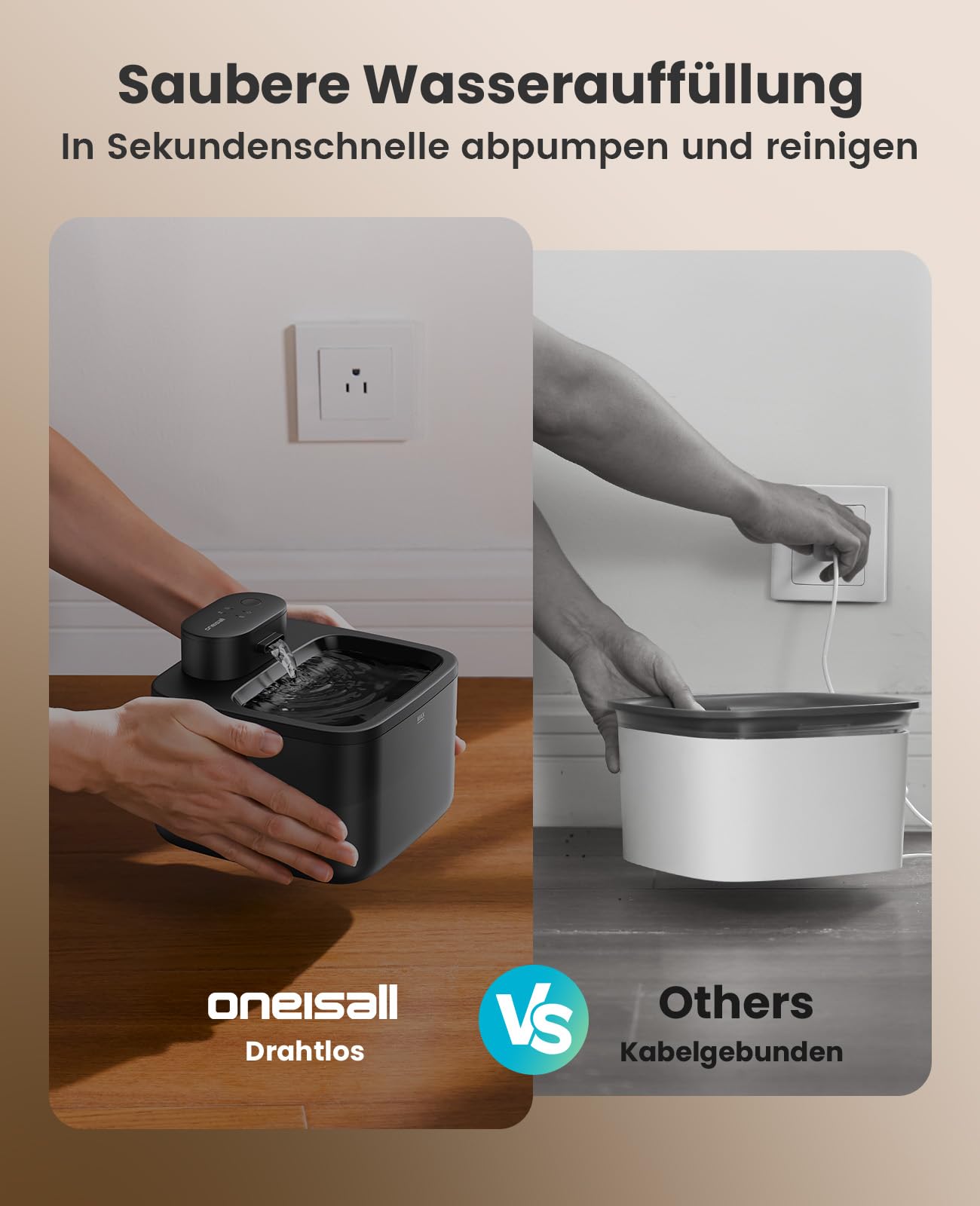 oneisall katzenbrunnen kabellos, 2.2 L trinkbrunnen für Katze kabellos mit bewegungsmelder, 20 dB ultraleise integrierte SilentFlow™-Pumpe, batteriebetrieben für Katzen, leicht zu reinigen, Schwarz