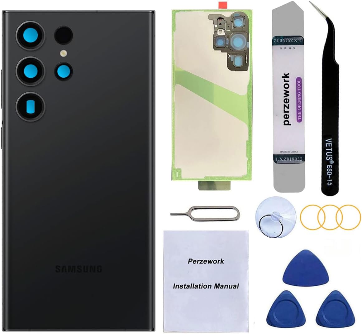 Rear Back Glass Replacement for Samsung Galaxy S23 Ultra 6.8 inches with Reparing Tool Kit (Phantom Black)