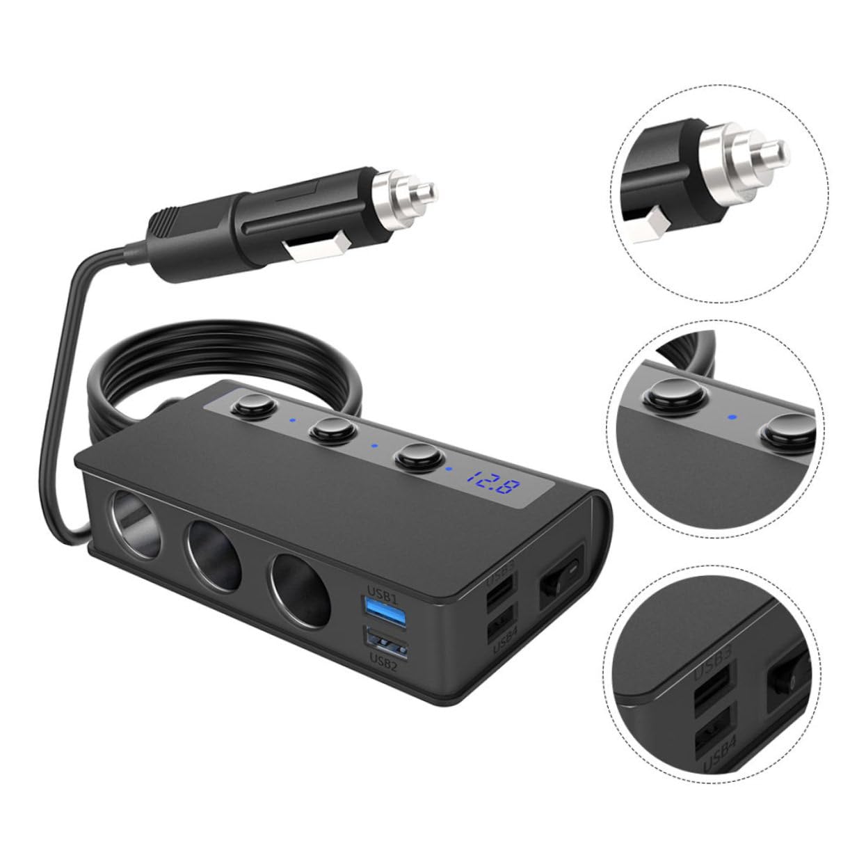 POPETPOP Cargador de Coche 180 W, 4 Puertos USB y 3 Tomas de Encendedor, Monitor de Voltaje, para Coche y Luces USB, Negro