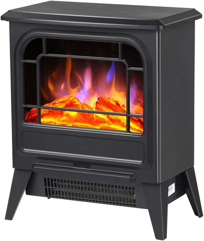 Electric Fireplace Stove Heater 1800W, With 3D Realistic Flame And Logs, Freestanding Portable Heater, Black