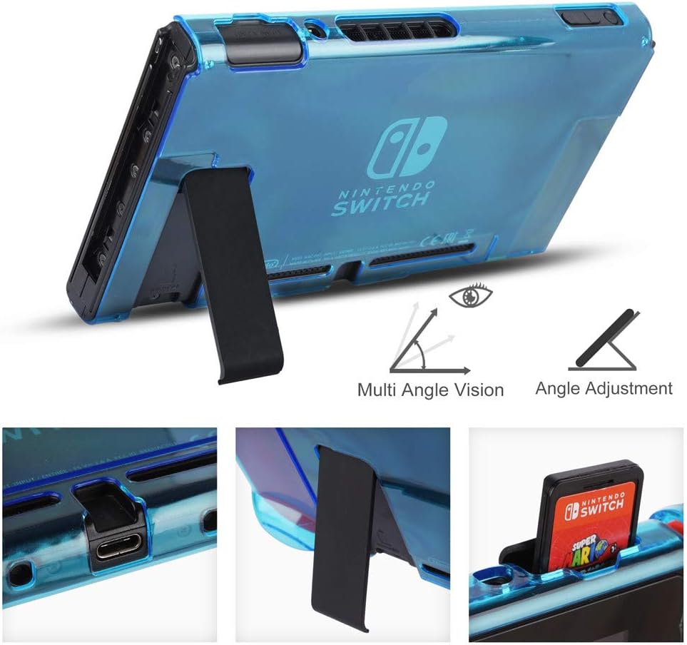 Pakesi Case for Nintendo Switch, Accessories Shell Cover Compatible for Console and Hard PC Grip Case Compatible for Joy-Con with 2 Thumb Grips Cap and Tempered Glass Screen Protector-Blue