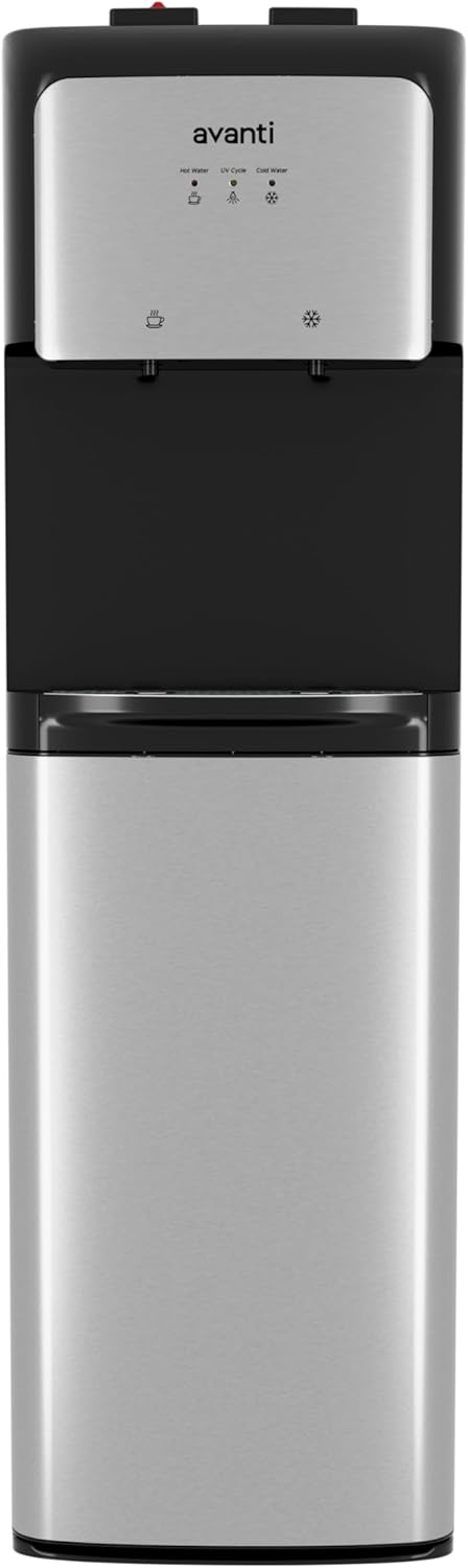 Avanti Bottom Loading Water Dispenser Hot & Cold with UV Disinfecting Light, Child Safety Lock, Fits 3 or 5 Gallon Bottles, Energy Star, in Black/Stainless Steel