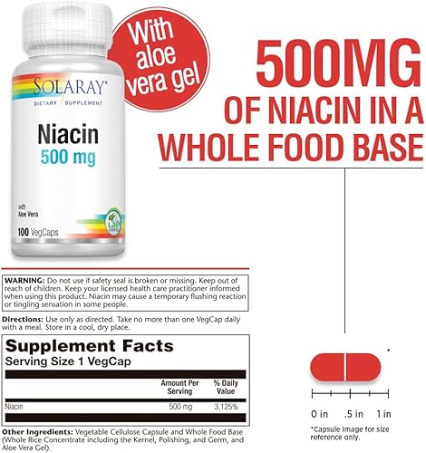 Miniatura 2 de Solaray Niacina 500 mg vitamina B3  Salud de la piel cardiovascular sistema nervioso y apoyo de la circulación  100 unidades