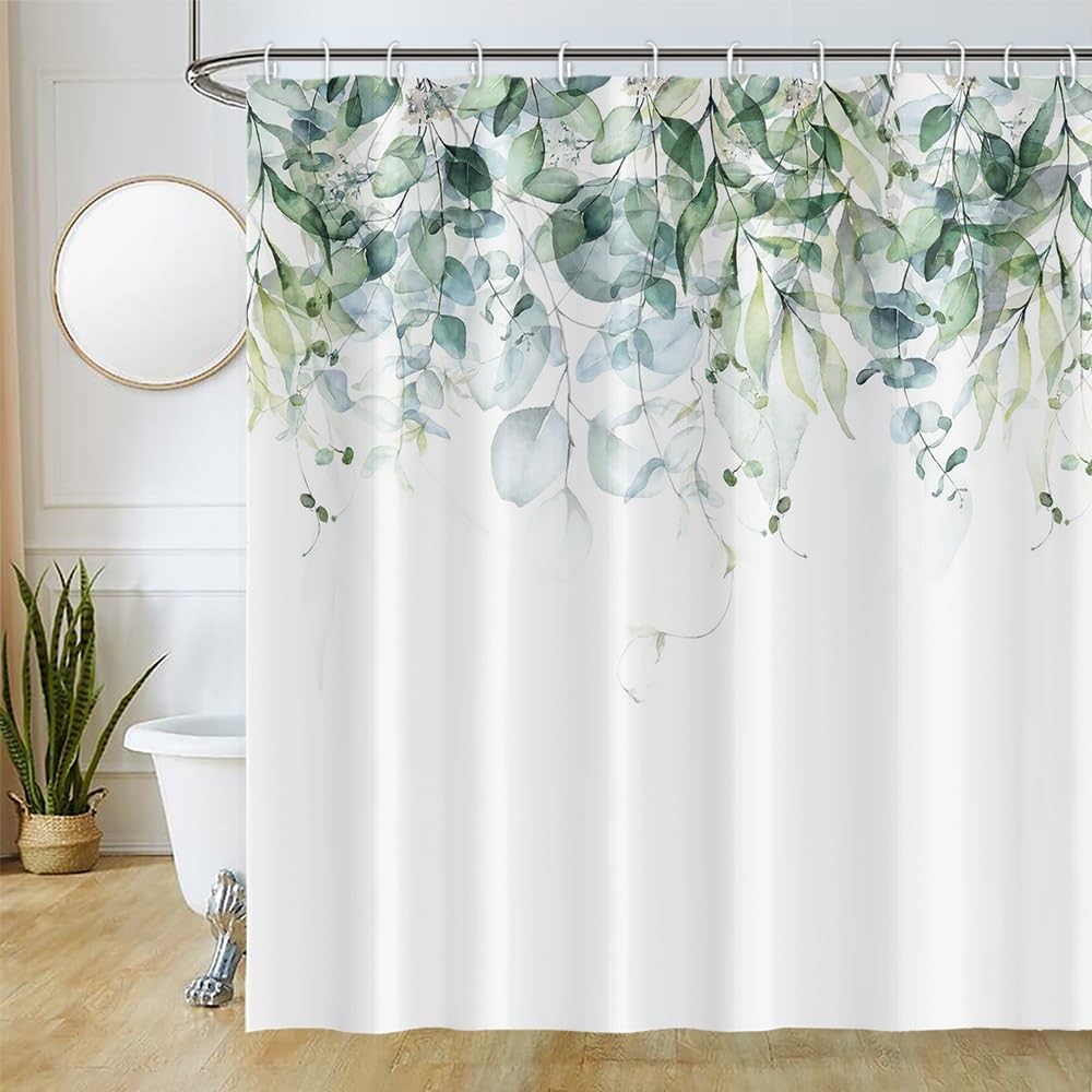Uiiooazy Anti-Mould Shower Curtain, Shower Curtain 220 x 180 cm, Green, Eucalyptus Leaves, Blue, Watercolor, Bath Curtain, Washable Fabric, Waterproof, Bathroom Curtains with 12 Hooks — image 1