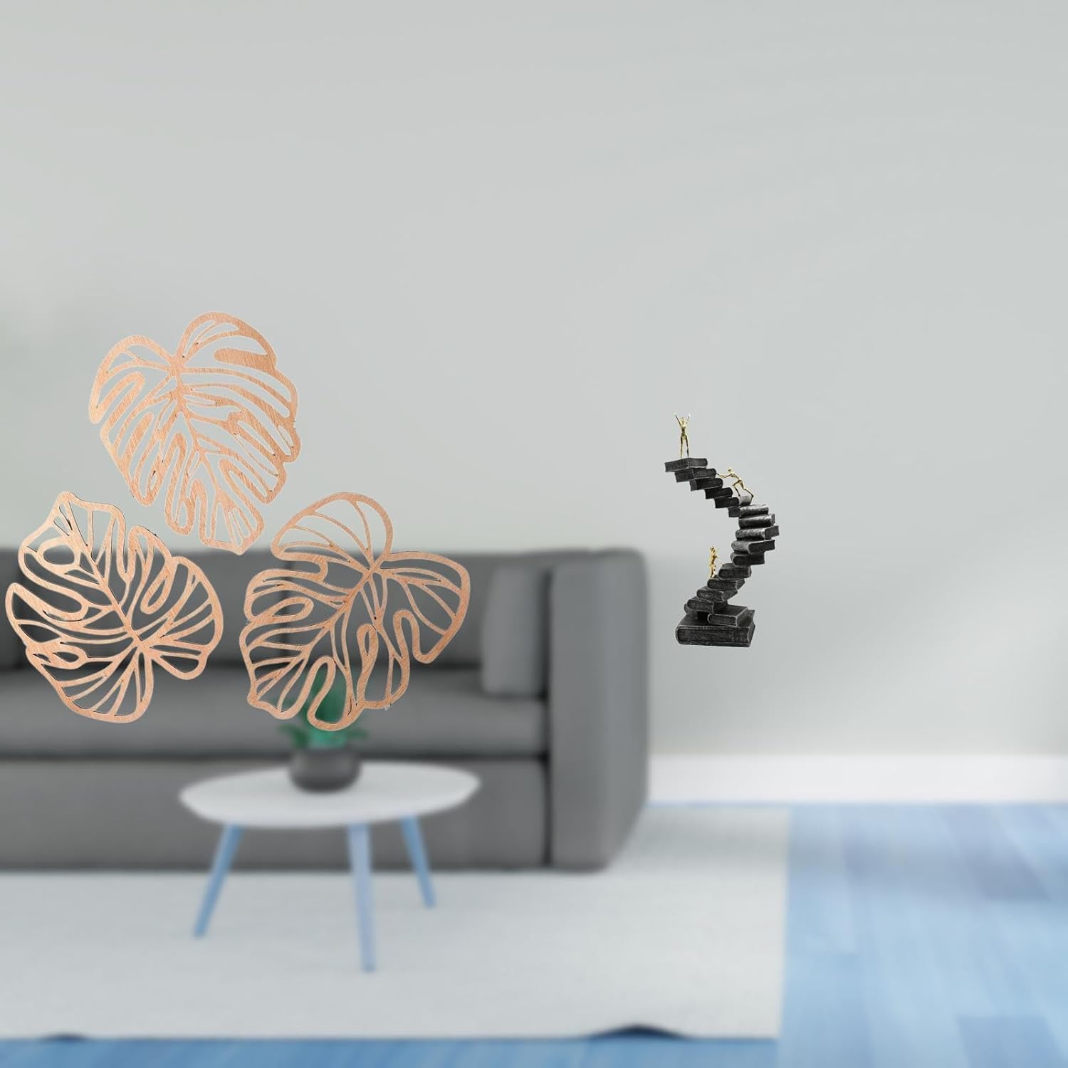 Fenteer Palm Leaves Wall Plaque Decorative Wood Wall Art Hollow Design Books Ladder Statue Abstract Thinker Sculpture Suitable for Home Decoration Office Rest