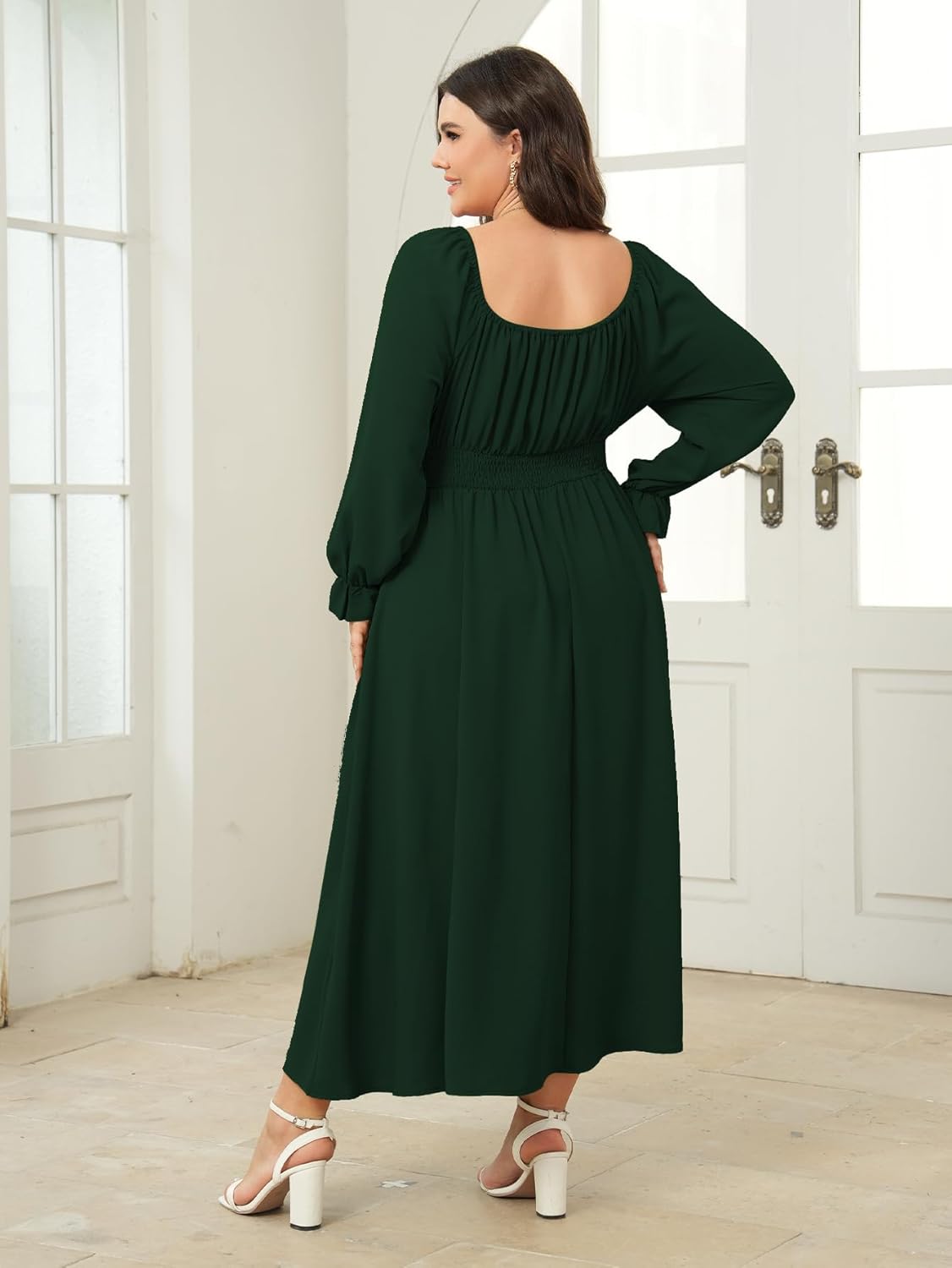 Women's Plus Size Dress Long Sleeve Smocked Dress Square Neck Tie Front Split A-Line Maxi Long Dresses - Image 5
