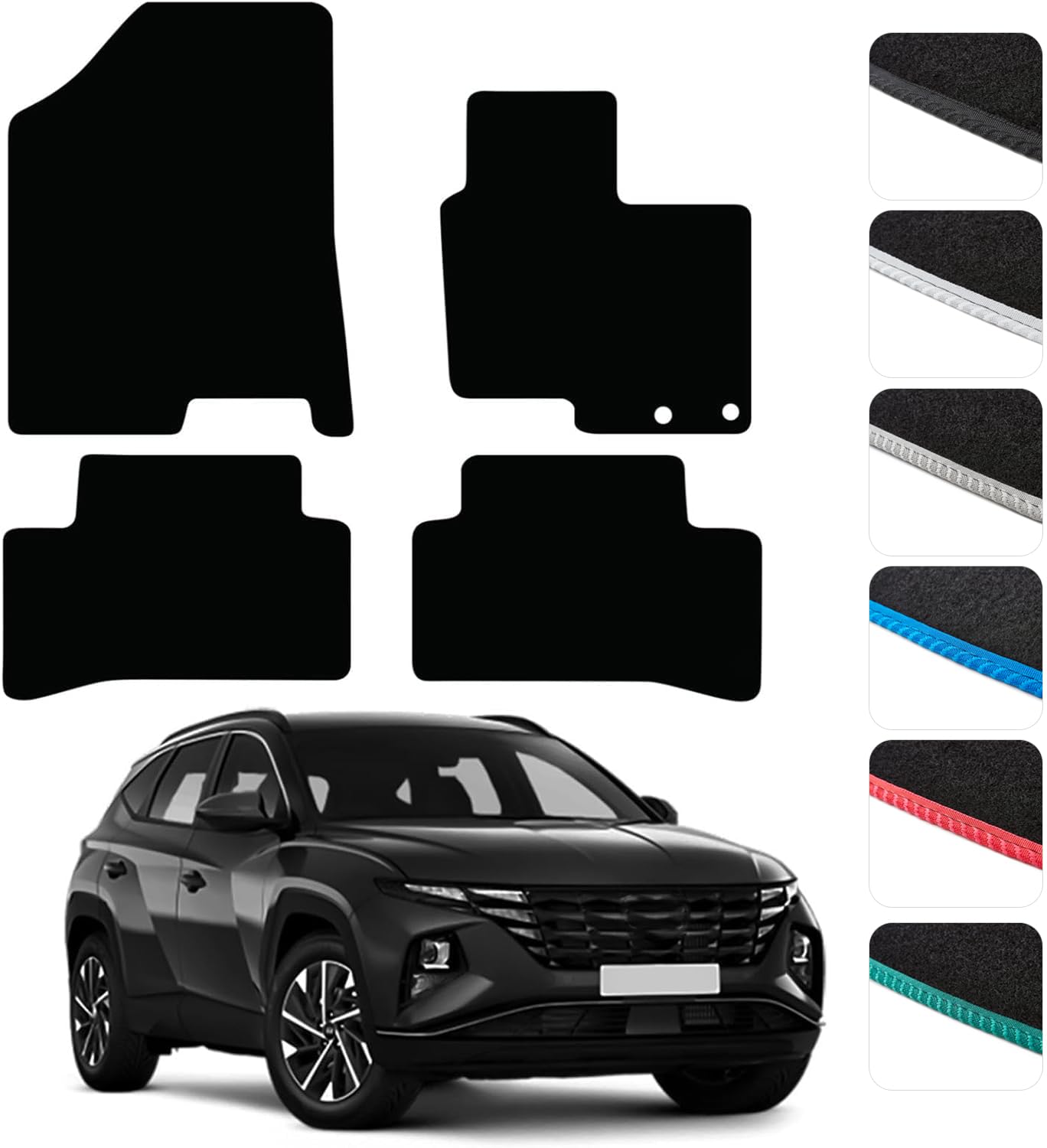 GCM - Car Floor Mats for Hyundai Tucson 2021 to Present (Also for Electric & Hybrid) Full Floor Protection-Anti Slip & Fit Mat with Clips Easy Clean Car Carpet All-Weather - Black Edging, Carpet