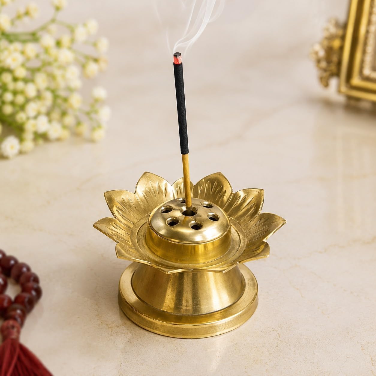 Lotus Shape Incense Stick Holder for Home Temple and Meditation | Decorative Agarbatti Stand with Ash Catcher for Pooja Room Decor | Compact Tabletop Incense Burner for Daily Prayer and Spiritual Use