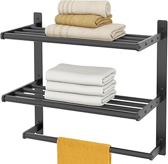 Bathroom Towel Racks with Towel Bar, Bethom 3-Tier Towel Shelf for Bathroom, 16 Inch Hotel Wall Mounted Towel Holder, Metal Matte Black Lavatory Bathroom Towel Rails, Waterproof and Rustproof