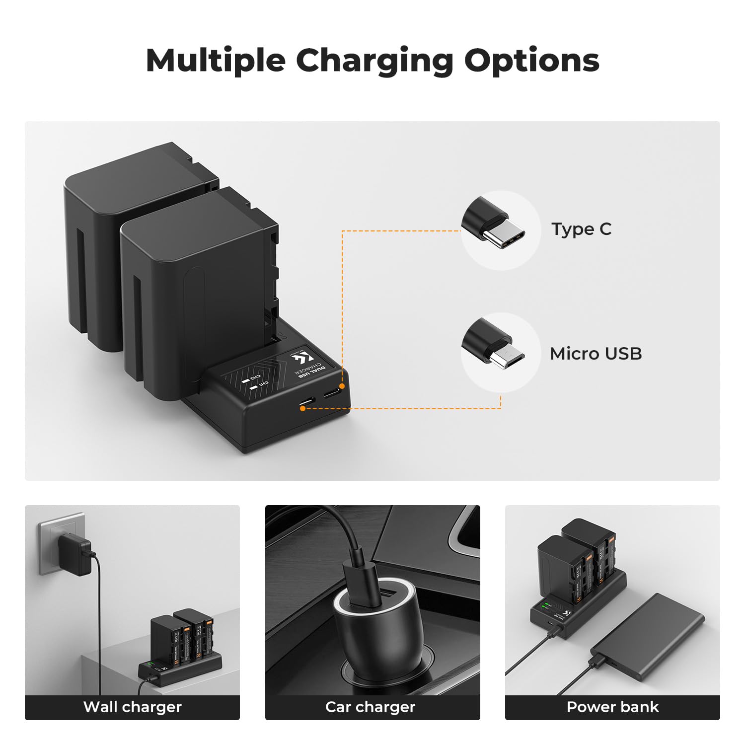 K&F CONCEPT NP-F970 2er-Pack 6600mAh Akkus und LED Ladegerät Kit Kompatibel mit Sony NP-F550 F570 F750 F770 F930 F950 F960 F970 für High Power LED Lichter/Monitor/Kamera Slider