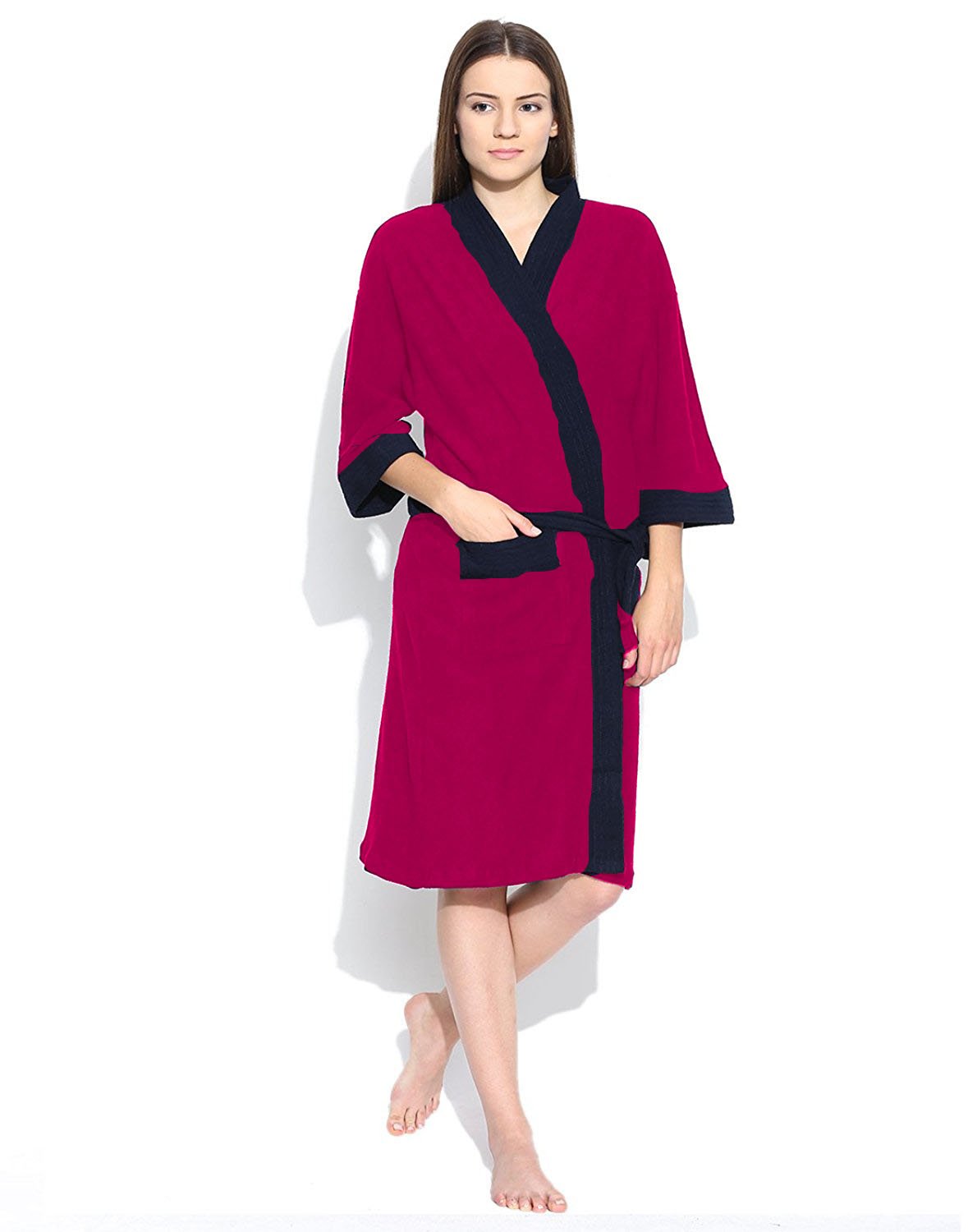 ELEVANTO Premium Collection 3/4Th Sleeve Terry Bathrobe-Free Size