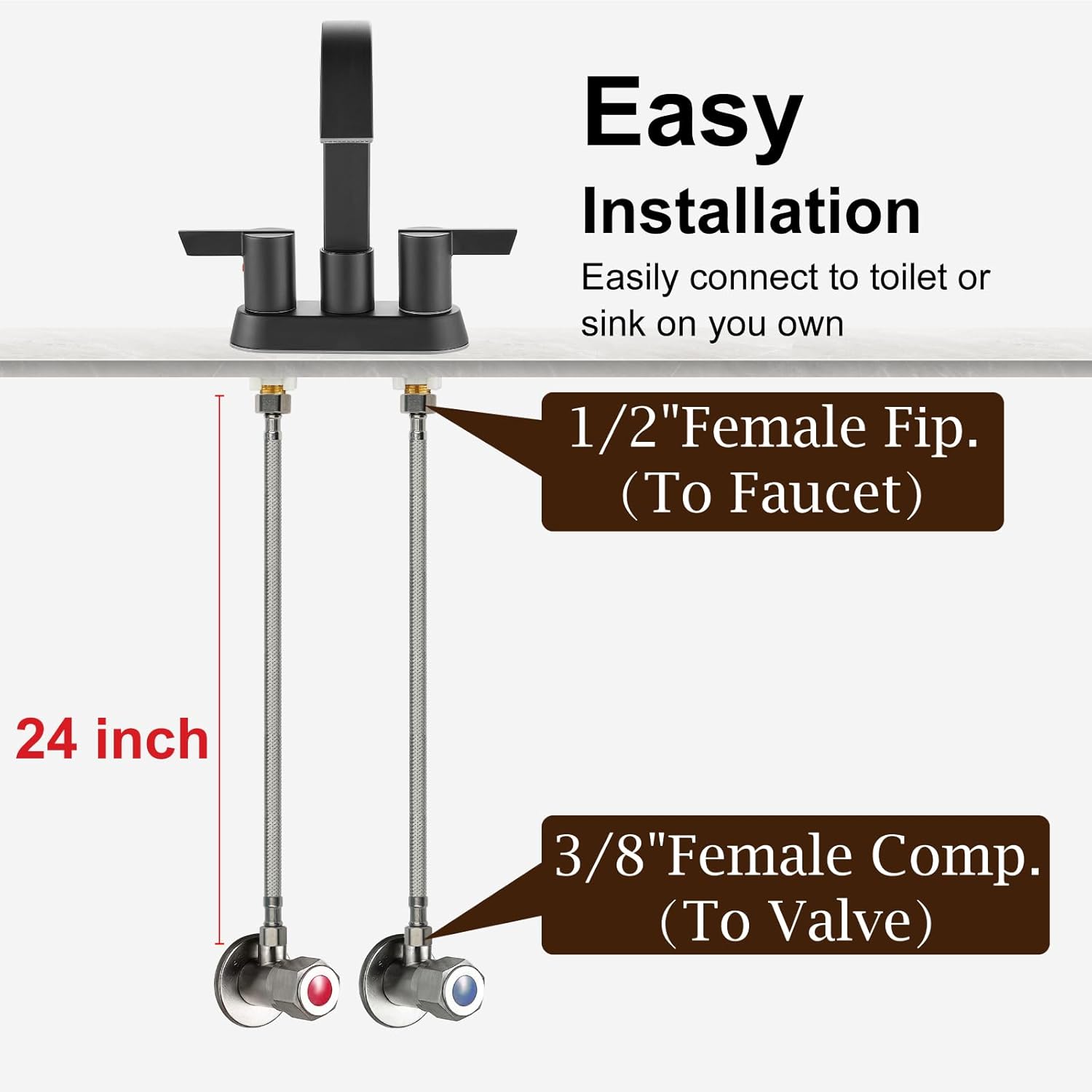 Midanya Faucet Supply Lines,24" Stainless Steel Braided Water Supply Line, 1/2" FIP x 3/8" COMP Faucet Hose, Faucet Hose Connector x 2 Pcs (1 Pair)