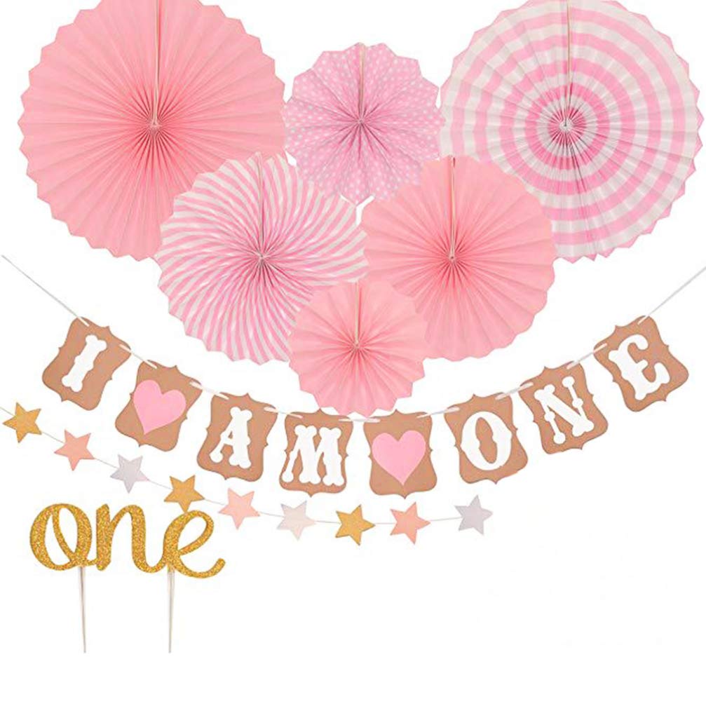 Toyvian 1st First Birthday Party Paper Fan Decorations One Banner Cake Toppers 1st First Birthday Party Supplies For Baby Girl