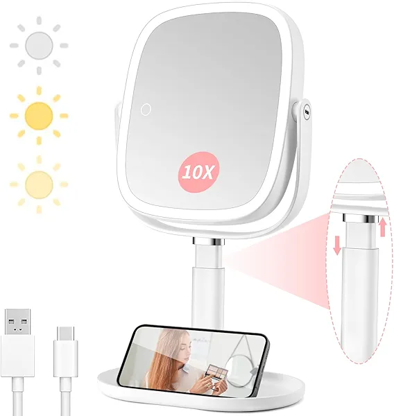 Lighted Makeup Mirror, 2600mAh Rechargeable 1x/10x Magnifying Vanity Mirror, 8.5" Height Adjustable Makeup Mirror with Lights 3 Color, 360° Rotation 2-Sided Light up Large Desk Mirror, Gifts for Women