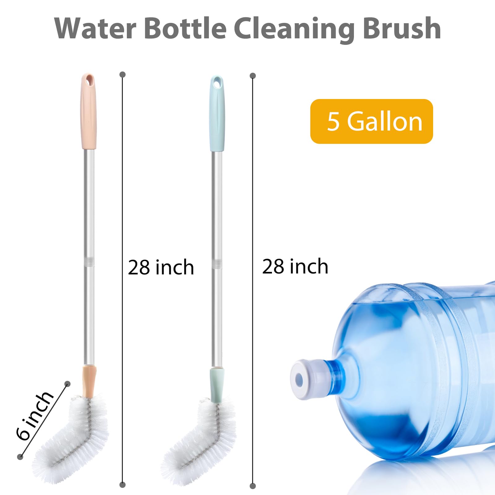 Reinigungsbürste für Wasserflaschen, 2 Stück, 71,1 cm, biegbare Wasserflaschenbürste, lange Nylonborsten mit Edelstahlgriff für 1,9 l und 1,8 l Wassereimer