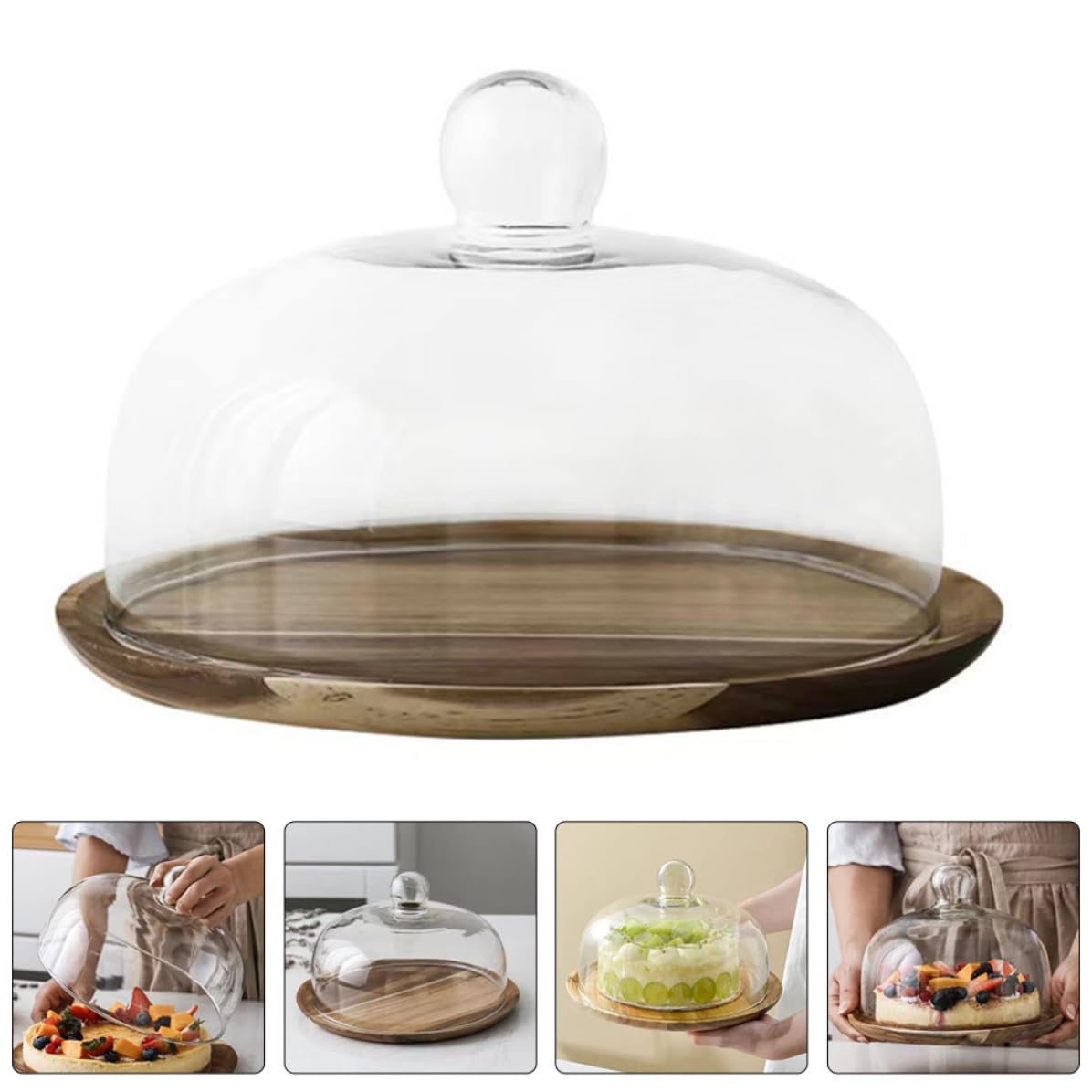 USHOBE Cúpula Base de Madera y Vidrio para Exhibición de Pasteles