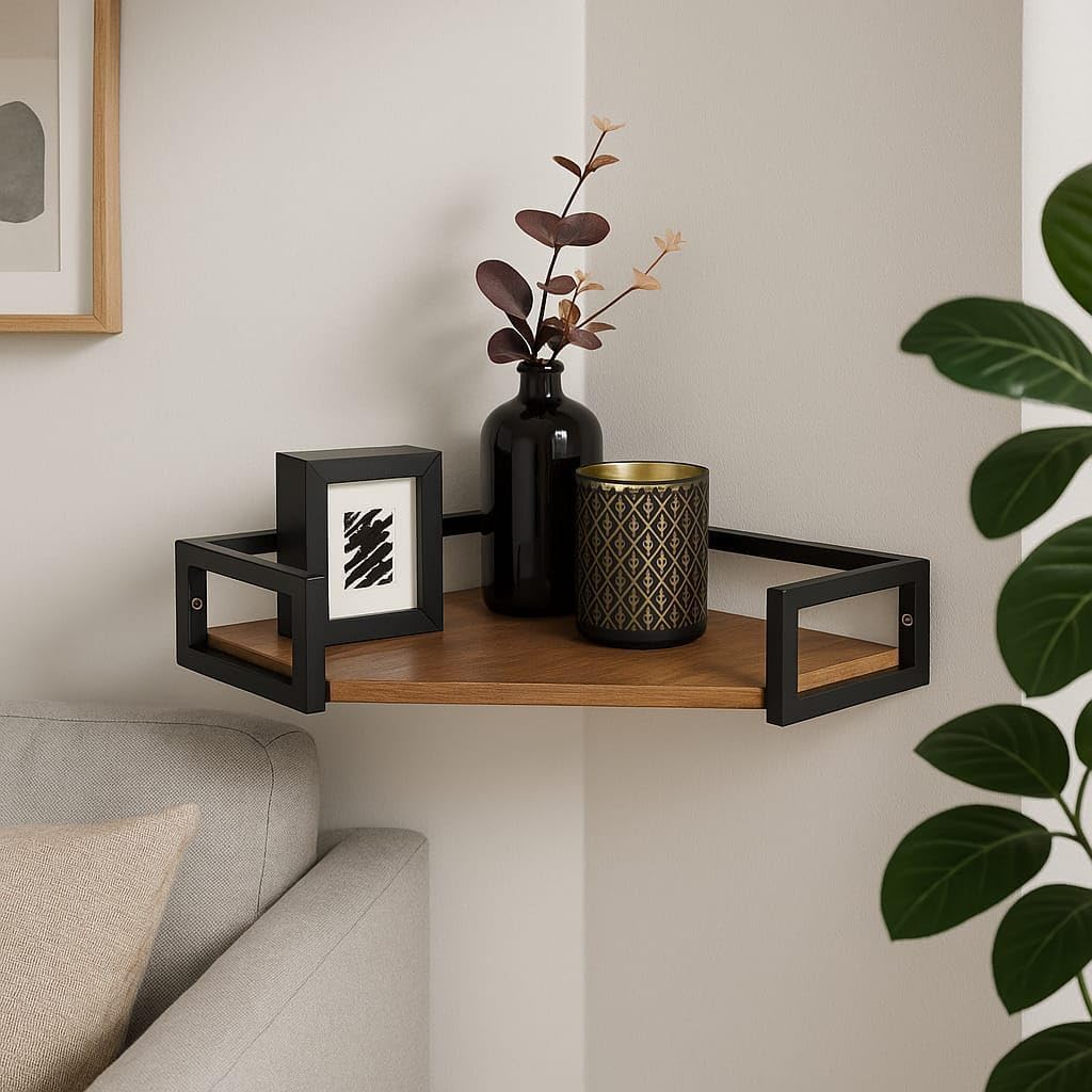 RHMM Modern Rustic Corner Floating Shelf with Wood & Black Metal Frame Wall Mounted Farmhouse Display Shelf for Living Room/Bedroom Space-Saving Wooden Corner Storage Organizer Decoration Rack