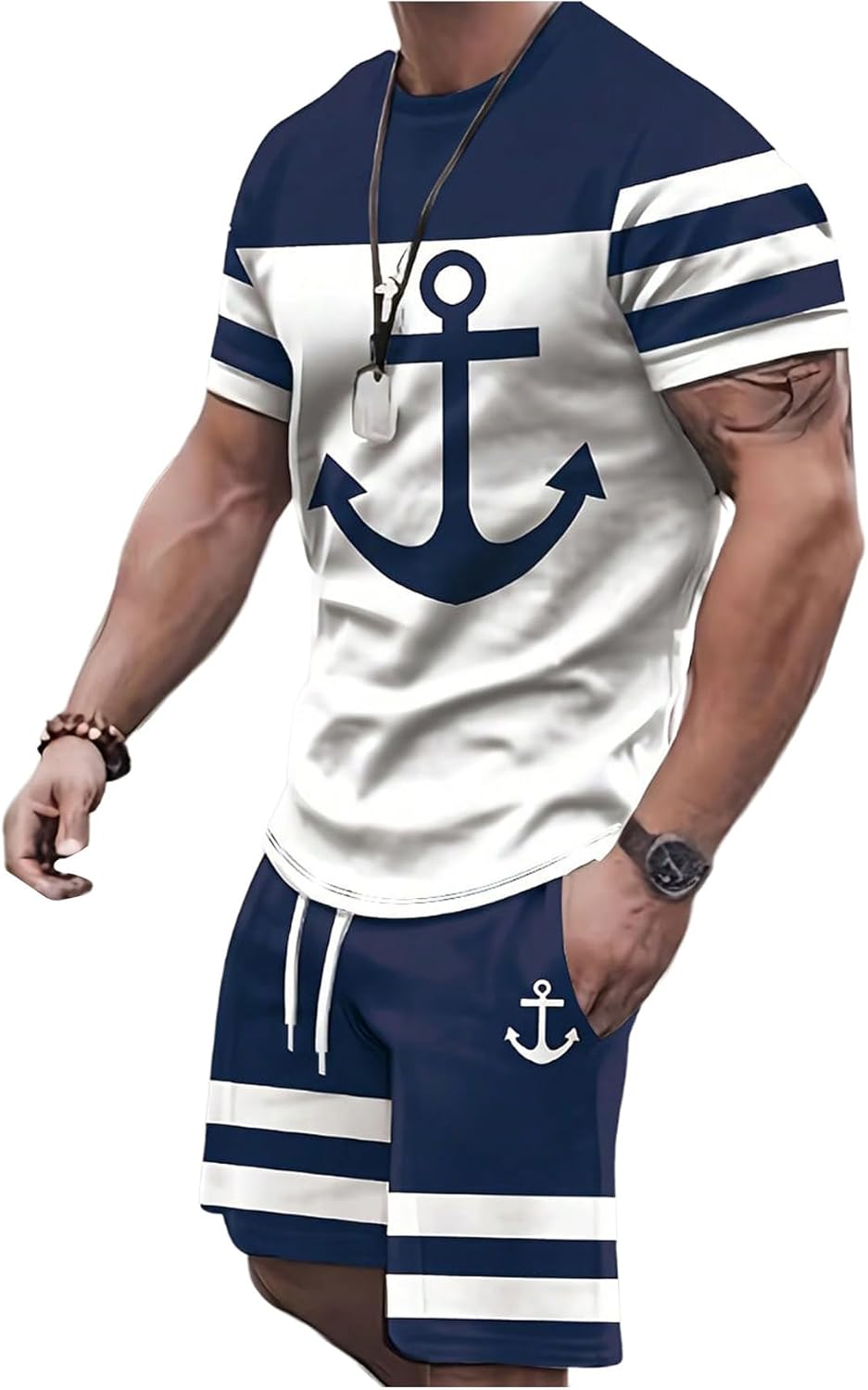 WDIRARA Men’s 2 Piece Outfits Anchor Print Striped Tracksuits Short Sleeve T Shirt and Drawstring Shorts Sets