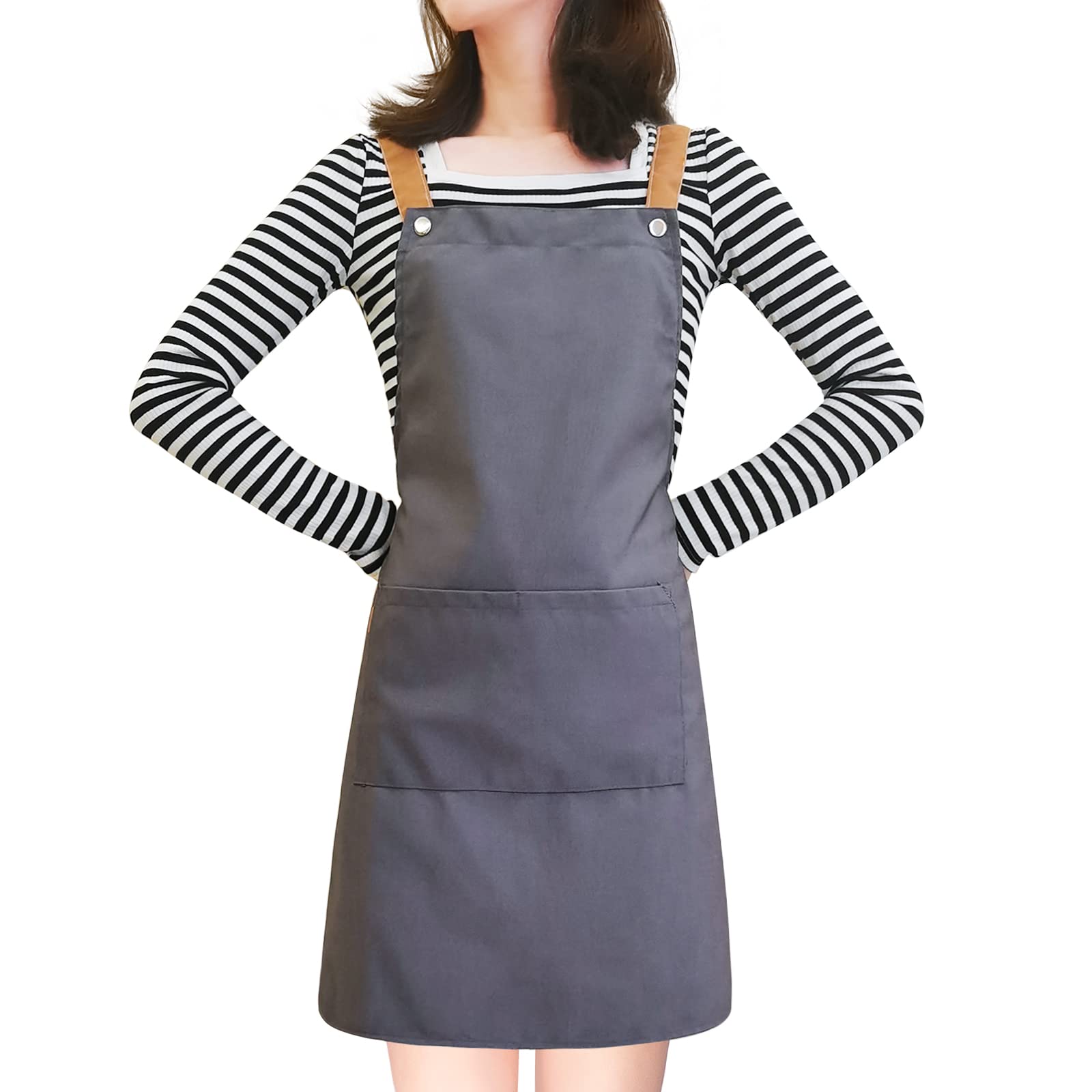 OPD Apron for Women with Adjustable Straps and Pockets, Cotton Cooking Kitchen Chef Hairstylist Bib Aprons, Grey