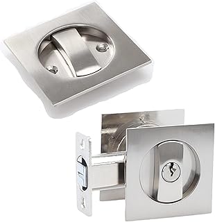 Dontay Pocket Door Lock with Key, Contemporary Entry Square Sliding Barn Door Lock Latch, Recessed 2 Sided, 2 3/8
