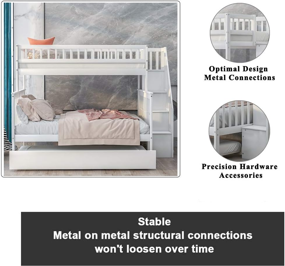 Baysitone Bunk Bed, Bunk Beds Twin Over Full Size, Bunk Bed with Trundle and Stairs, Solid Wood Bunk Bed Frame with 4 Storage for Kids, Girls, Boys, Toddler, No Box Spring Needed (Beige)