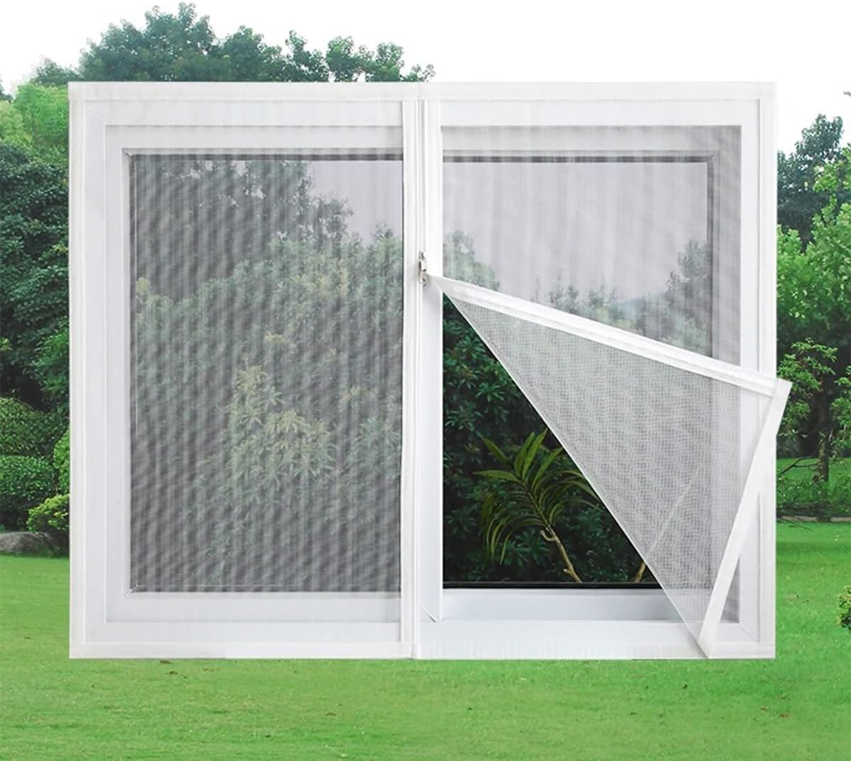Polyester Fiber Window Screen with Hook & Loop Tape, 59" W x 70.8" H Adjustable Window Net with Zipper Opening for Summer (White)