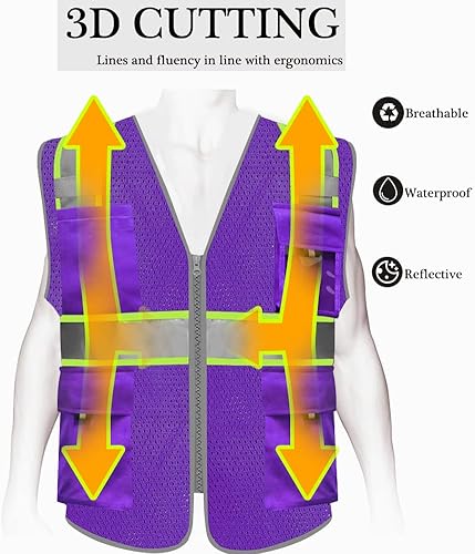 Miniatura 5 de HYCOPROT Chaleco reflectante de seguridad de malla de alta visibilidad con bolsillos y cremallera, cumple con las normas ANSIISEA