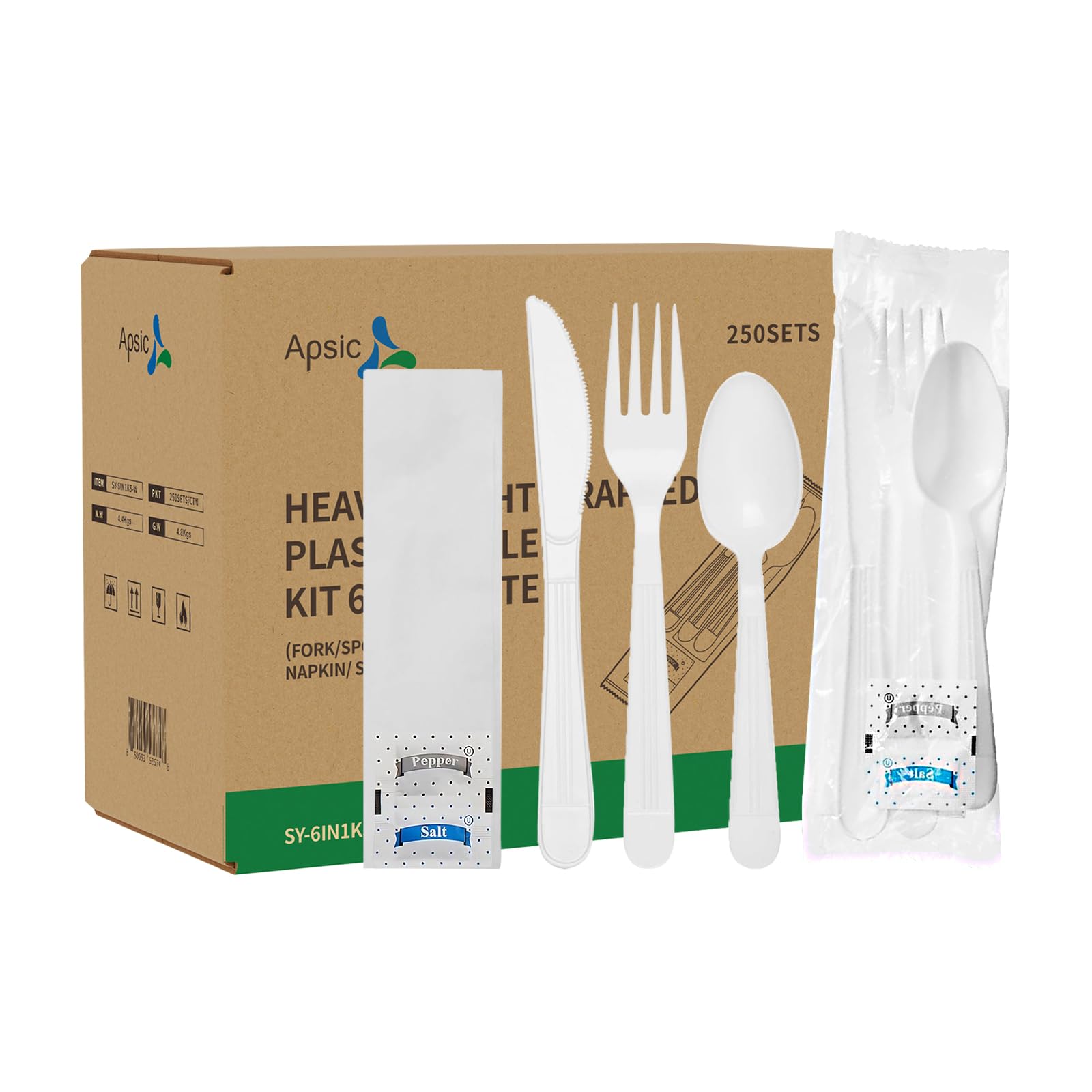250 Sets 6.29inch Plastic Cutlery Packets, Heavy-Duty Weight White Disposable Plastic Cutlery Packs, Individually Wrapped (Fork Spoon Knife Napkin Salt Pepper 6 in 1)