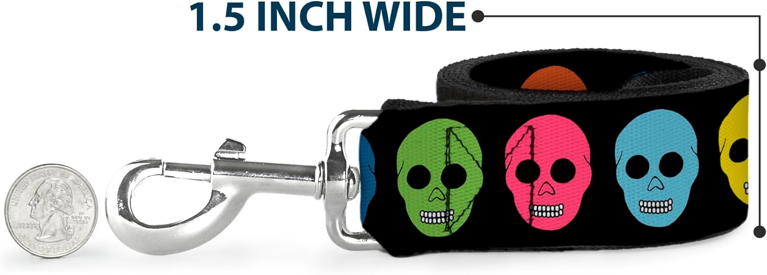 Dog Leash Skulls Black Multi Color 6 Feet Long 1.5 Inch Wide