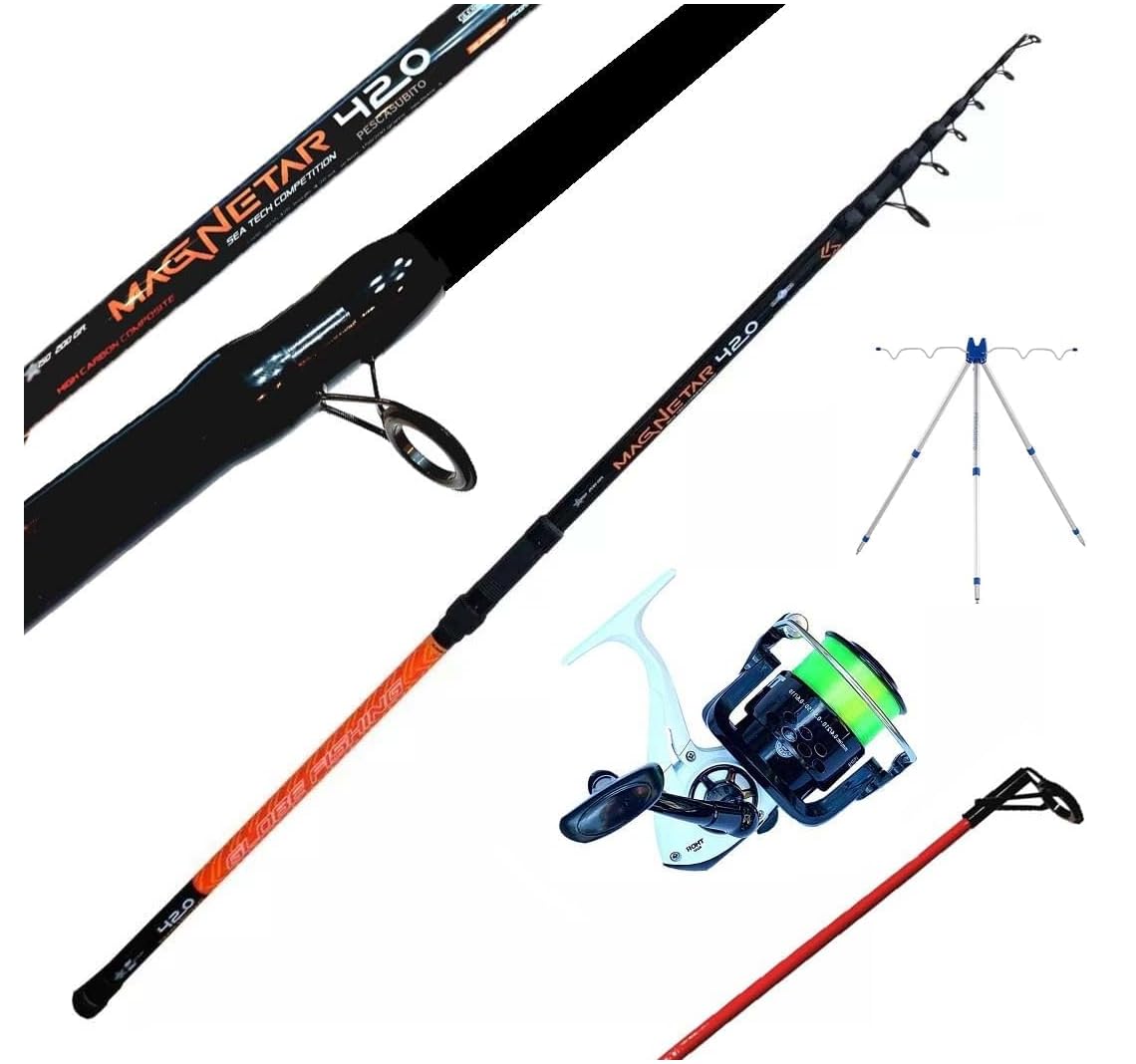 Kit Canna Surfcasting 4.20m Lancio 200g + Mulinello + Tripode Potente Carbonio Fondo