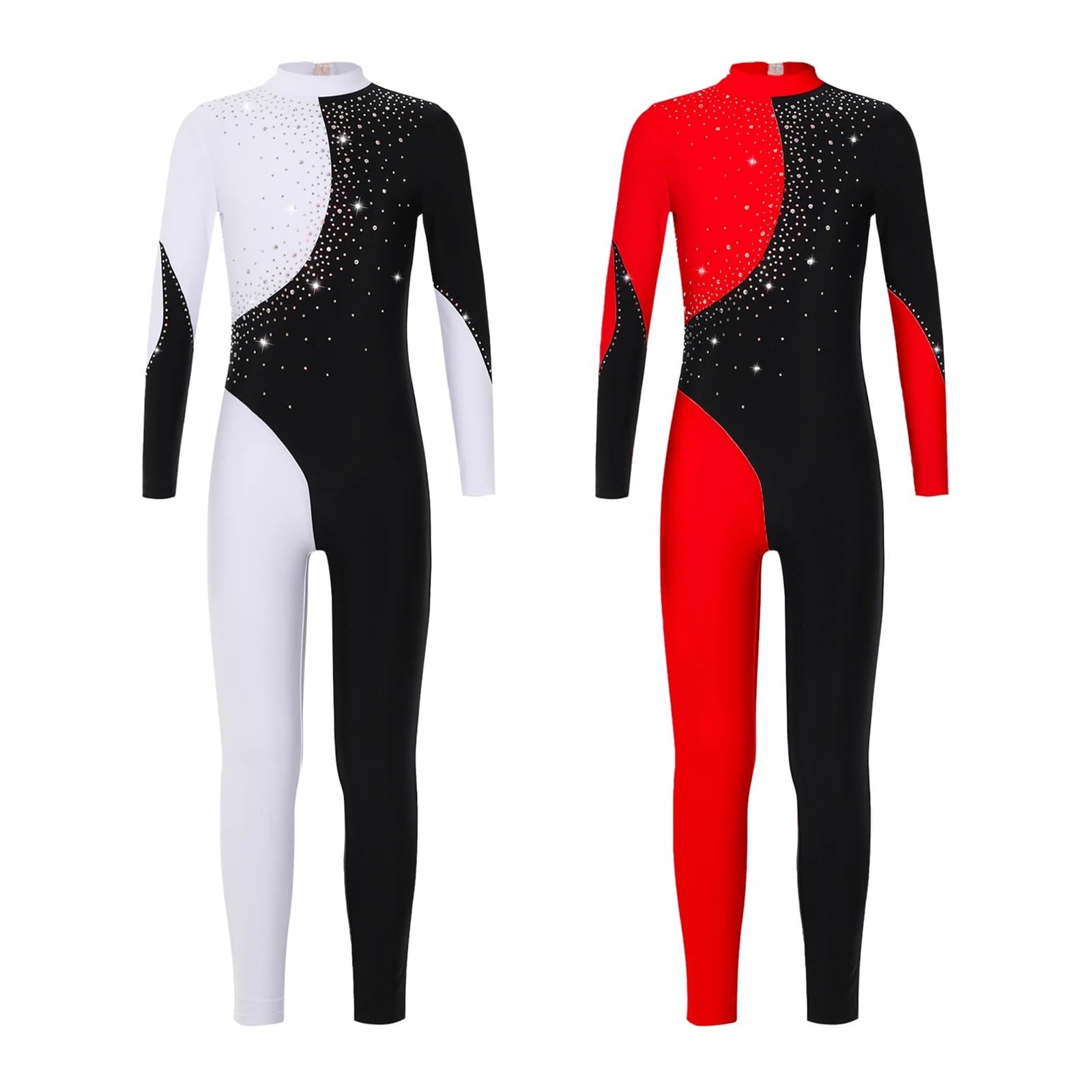 Justocorp De Gym Fille Combinaison de gymnastique for adolescentes, manches longues, strass brillants, body de gymnastique for patinage sur glace, justaucorps de danse de Ballet(Black White,8)