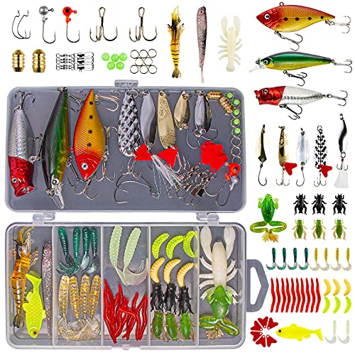 Fishing Lures Kit for Freshwater Bait Tackle Kit for Bass Trout Salmon Fishing Accessories Tackle Box Including Spoon Lures Soft Plastic Worms