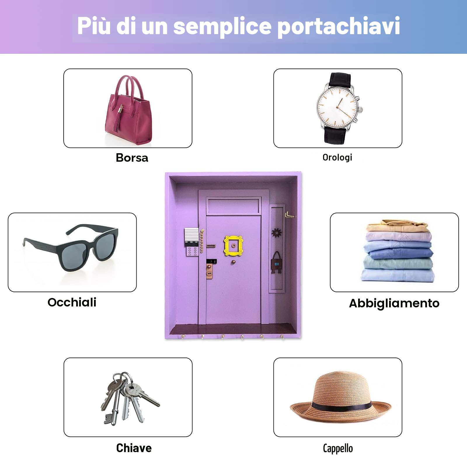 Friends Monica'S Key Hooks, Mobiletto In Legno Porta Chiavi Da Muro Per Casa Amici Ganci Chiave Di Monica Con Contenitore E 6 Ganci Per Gli Amanti Delle Serie TV Per Bagno Soggiorno (Viola)
