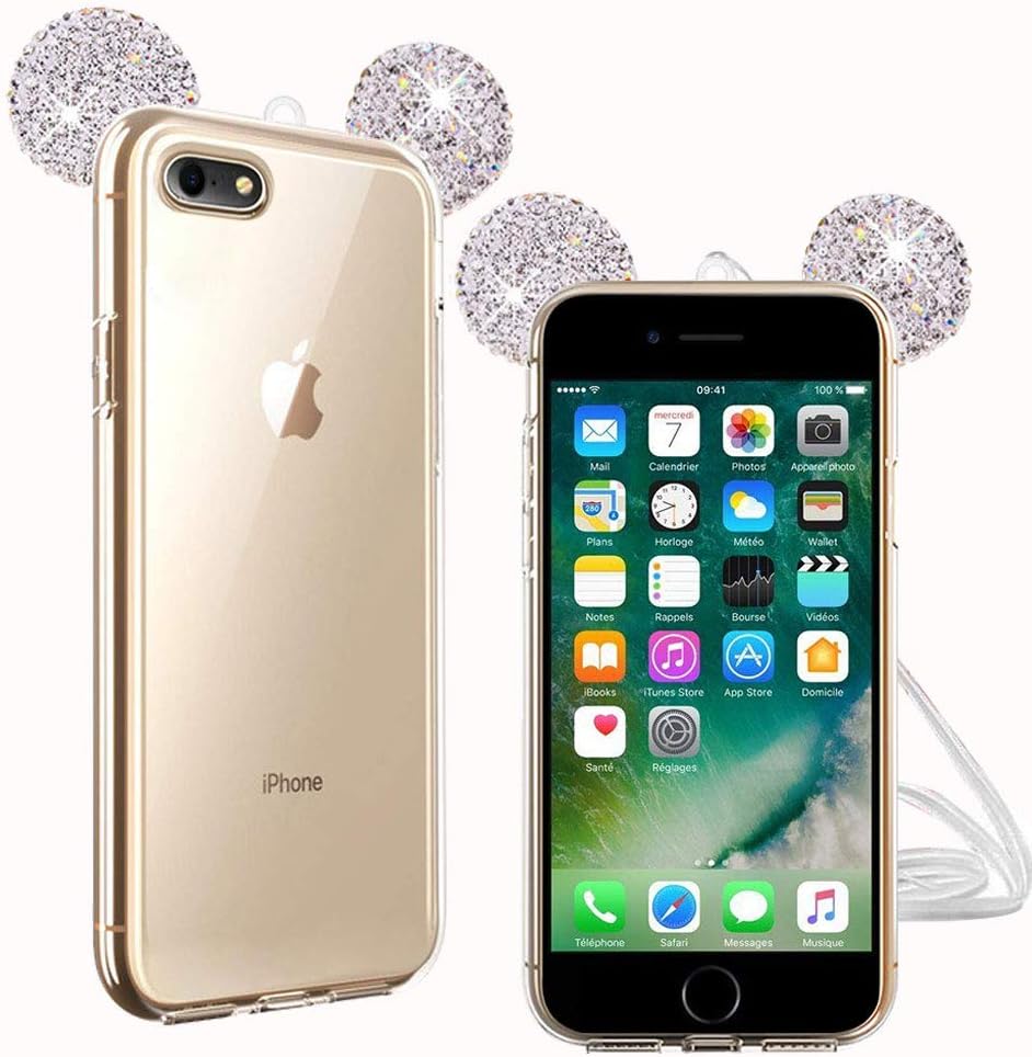 Case for iPhone 7/ iPhone 8, 3D Sparkle Shiny Rhinestone Diamante Cute Mickey Minnie Mouse Ears Design, Ultra thin TPU Soft Shell with Lanyard Skin Care Shockproof Anti-Scratch - Silver