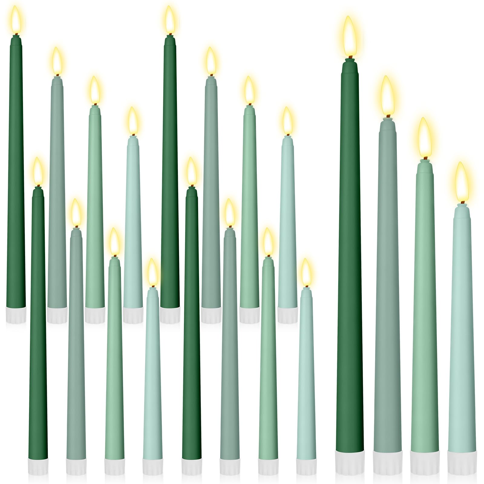 Rossesay 24 Pcs Flameless LED Taper Candles Battery Operated Candles 8.5", 9.65", 10.8", 12.8" Flameless Candlesticks Flickering for Christmas Church Wedding(Classic, Gradient Green)