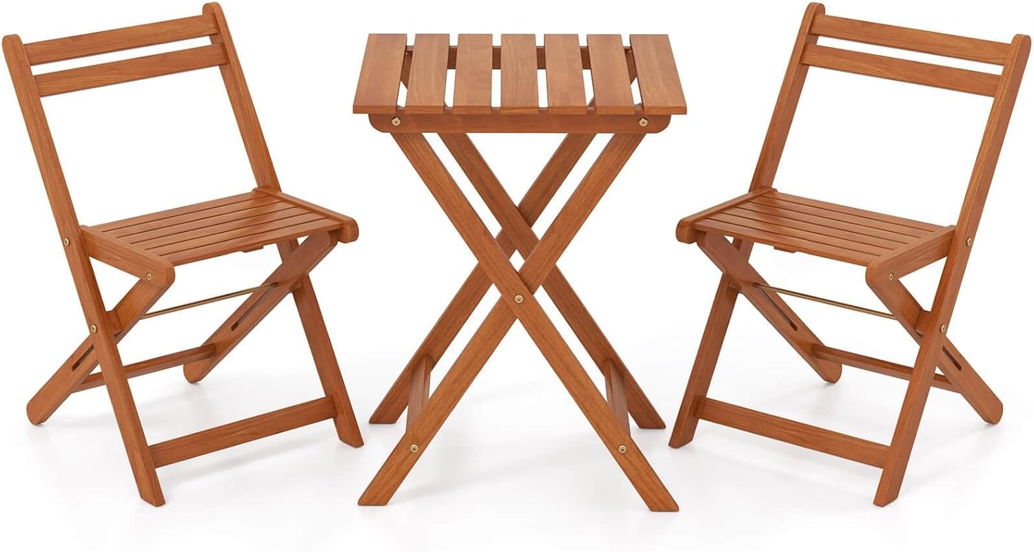3PCS Premium Outdoor Wood Bistro Set 2 Folding Chairs & Dining Table for Backyard