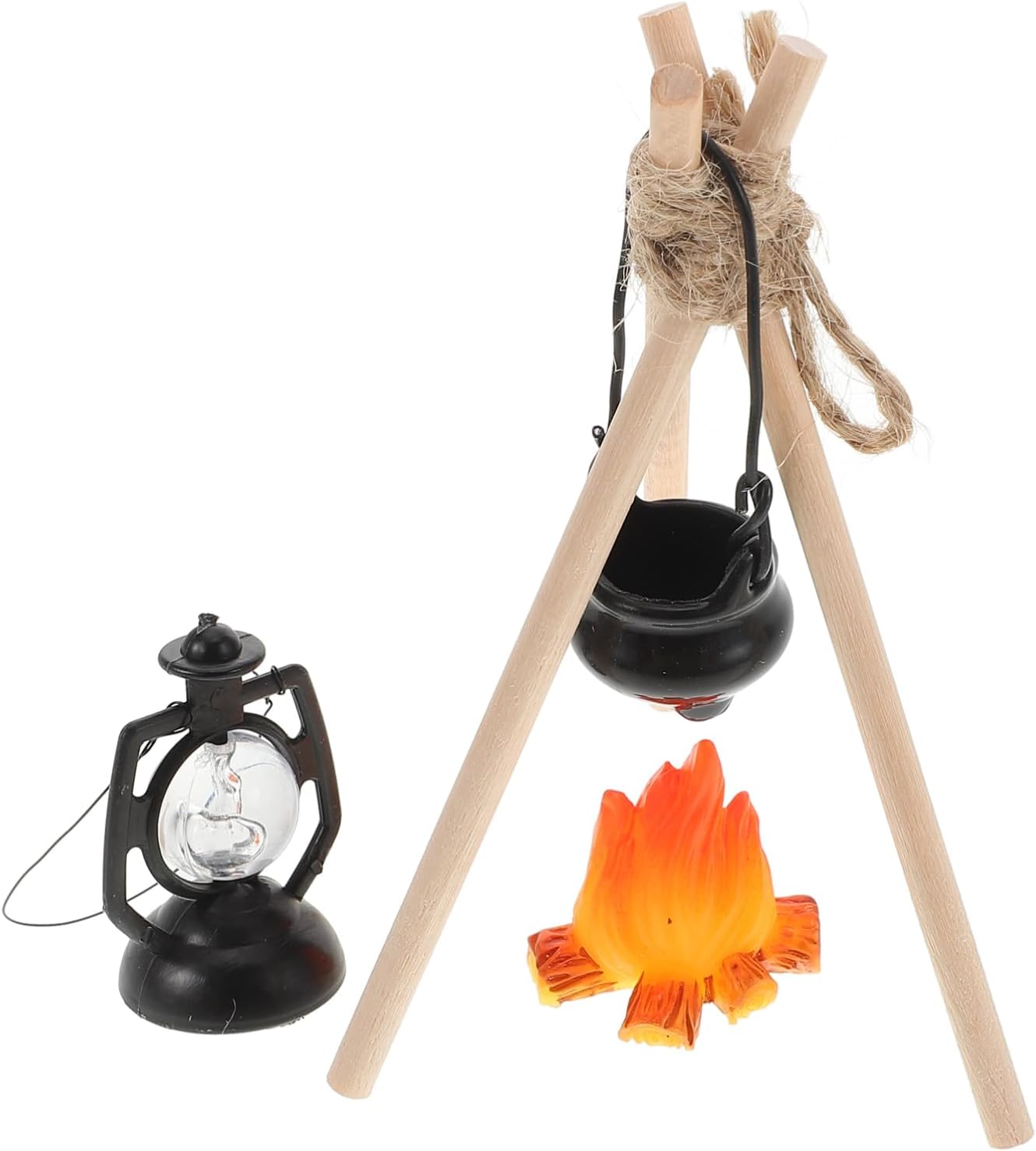​ Miniature Campfire Set with Lamp & Pot, 3.93 inch Wooden Dollhouse Decor for Winter Scenes/Fairy Gardens, Realistic Camping Props for Photography Displays​​