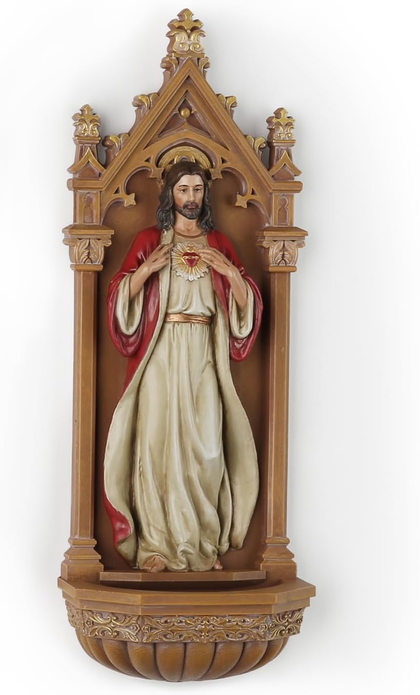 BC Catholic Sacred Heart of Jesus Statue, 9" H Holy Water Font Wall Plaque, Inspirational Home Décor, Religious Gift, Renaissance Sculpture Handmade by Buildclassic