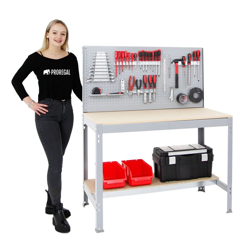 Proregal Werkbank Quick-Buffalo mit Werkzeugwand + Zubehör Gamma | HxBxT 84x120x61cm | Traglast 600kg |Grau