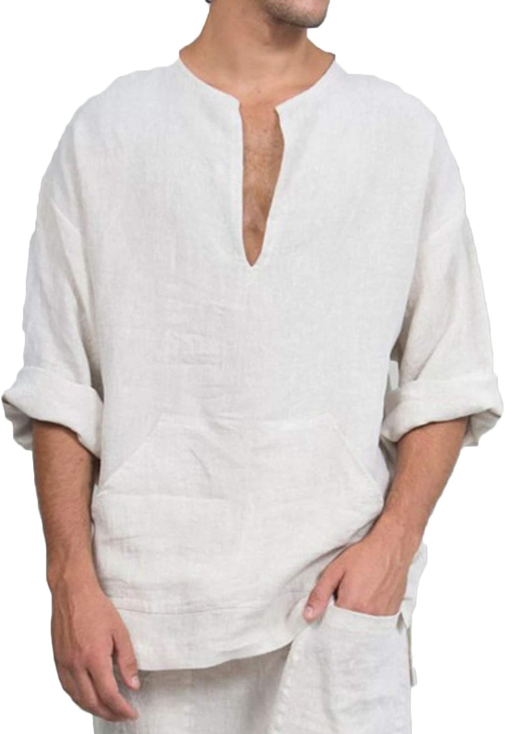 Flygo Men's Loose Cotton Linen V Neck Long Sleeve T-Shirt Blouse Tops